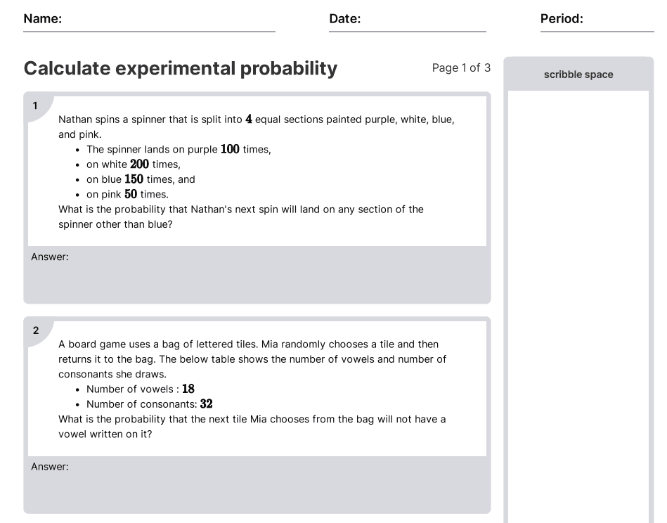 experimental probability worksheet 7th grade pdf